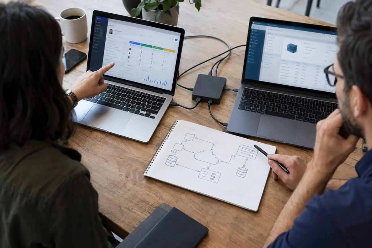 Deux professionnels préparant la connexion entre leurs logiciels métier