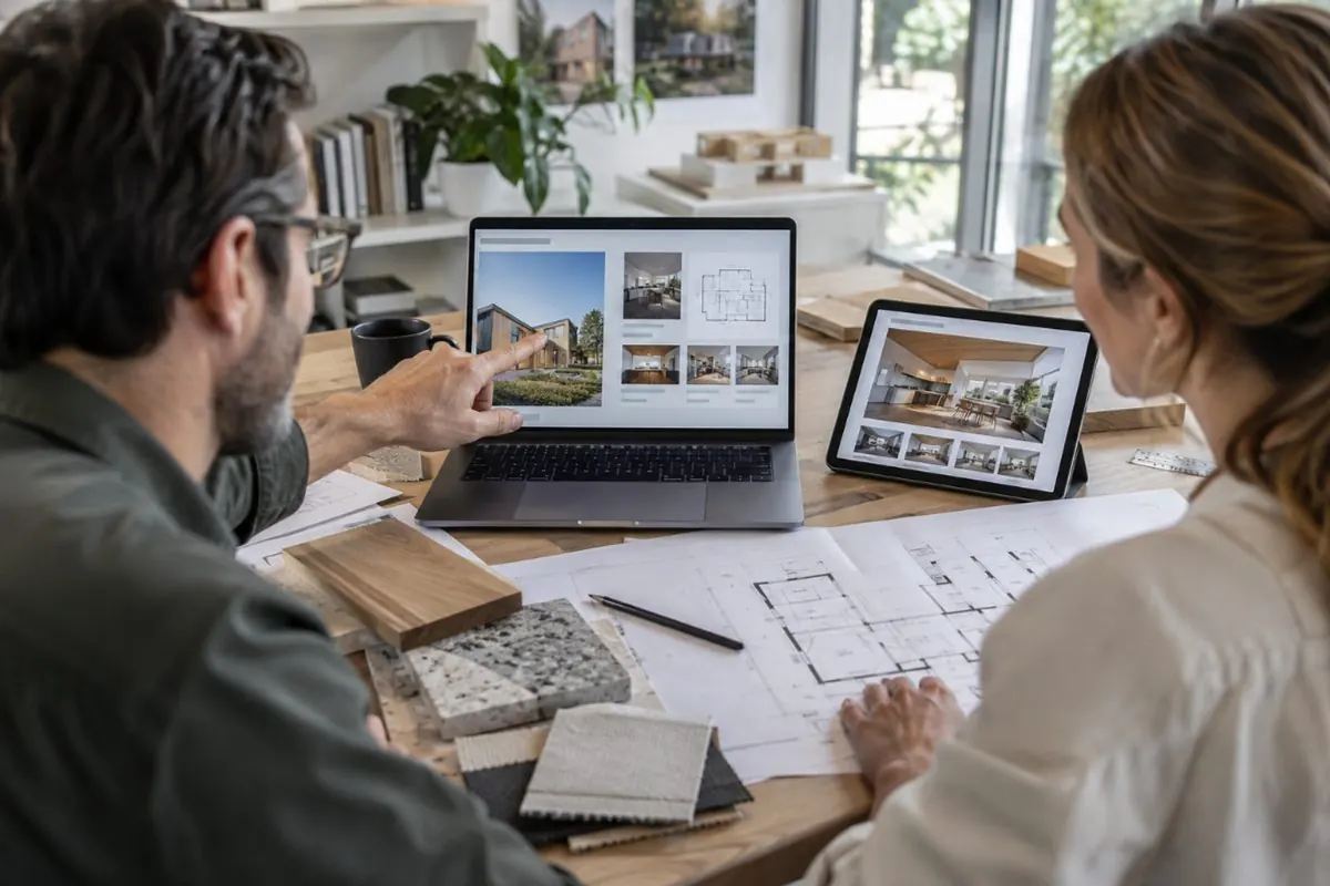 Architecte et cliente consultant des documents de projet sur un portail numérique