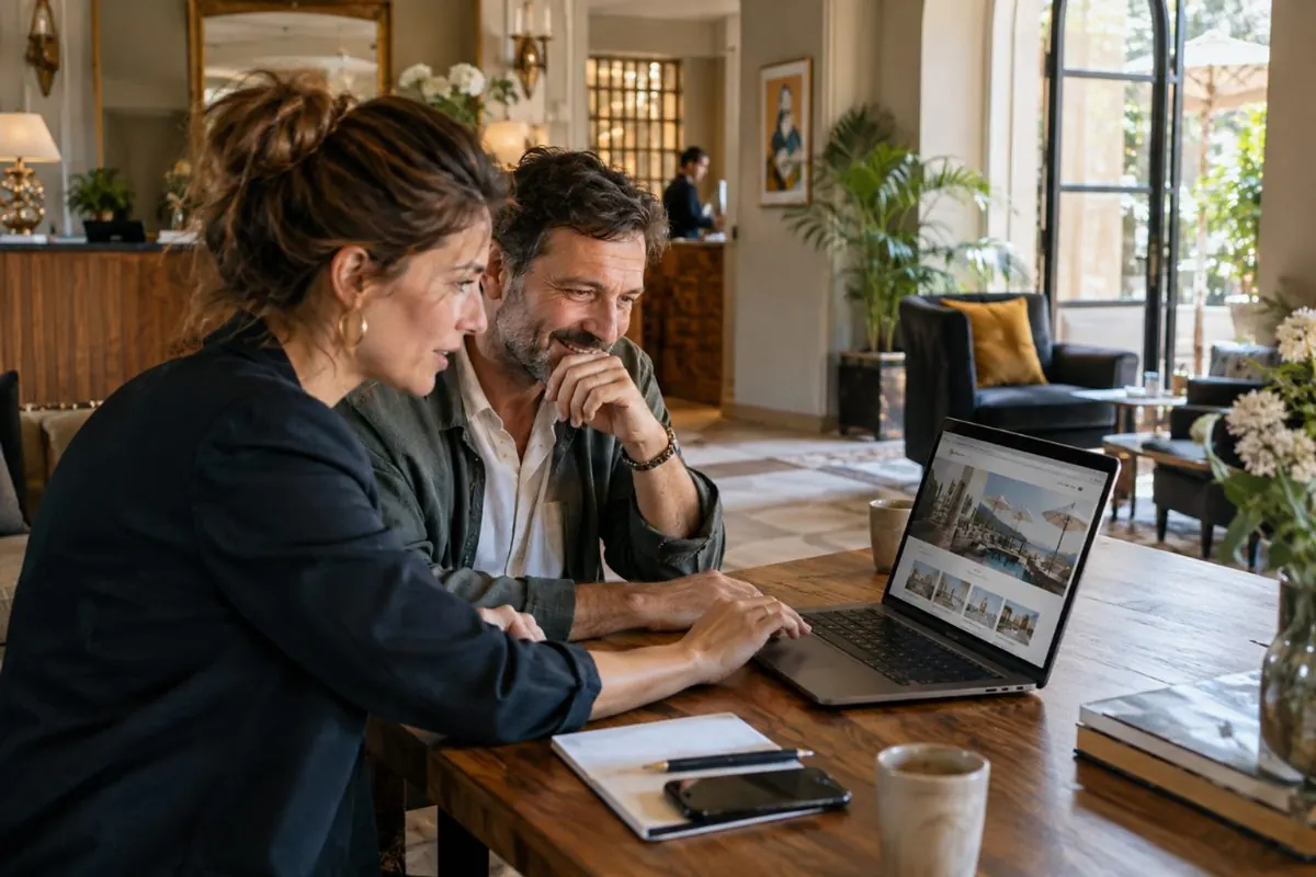 Professionnels examinant un site web sur un ordinateur dans un hôtel