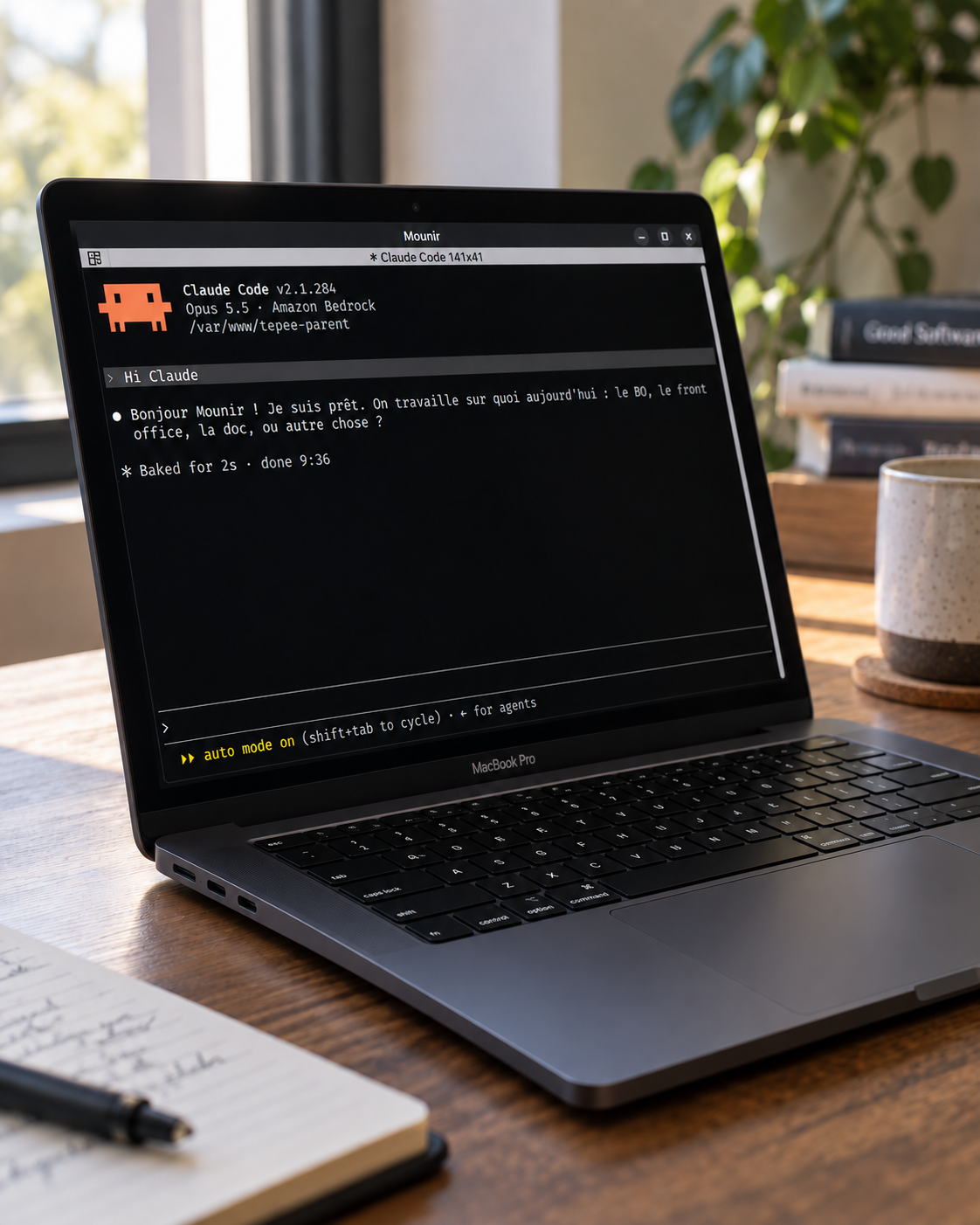 Session Claude Code affichée sur l’écran d’un MacBook Pro